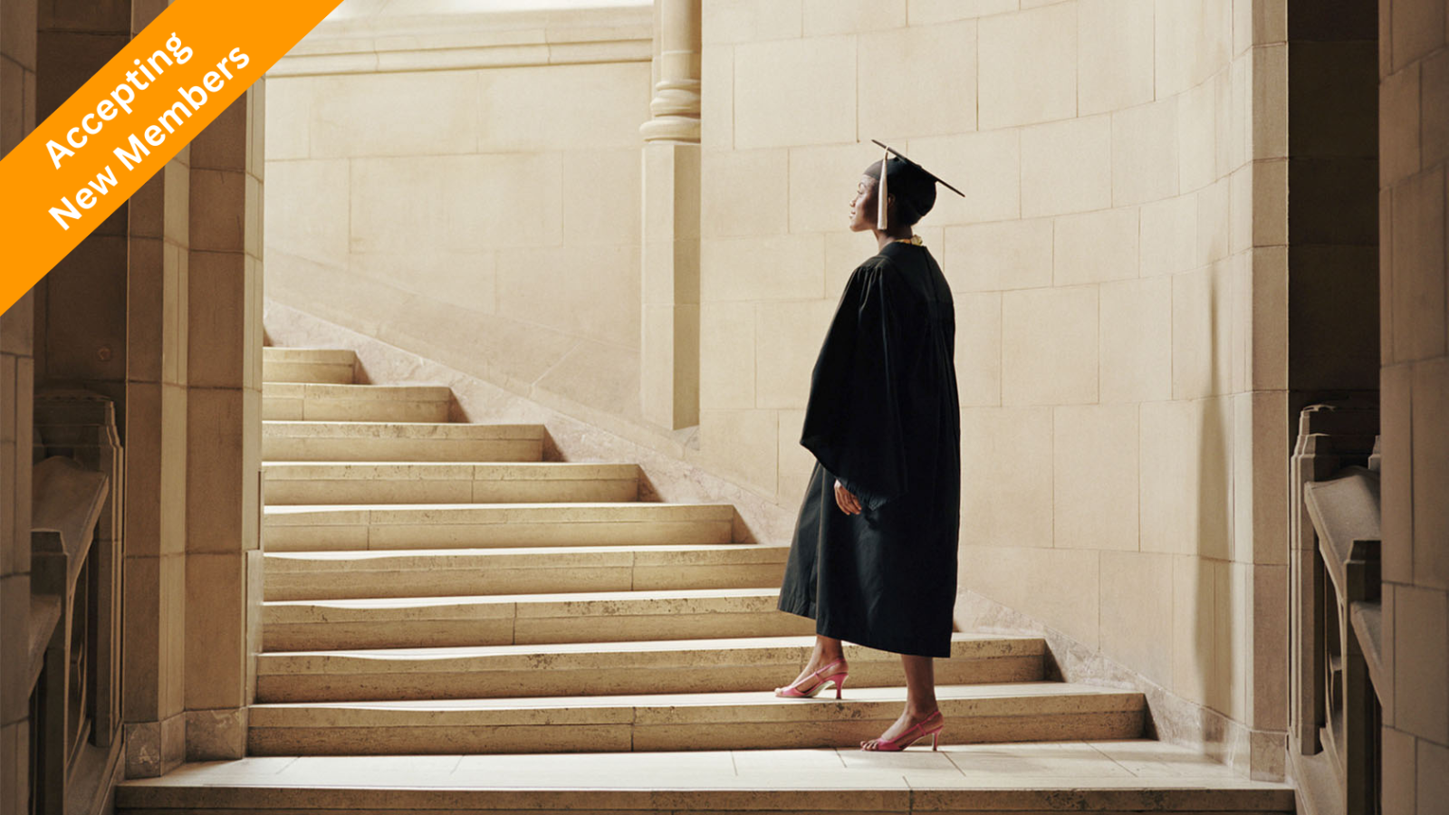 Image of a student walking up a grand staircase alone.